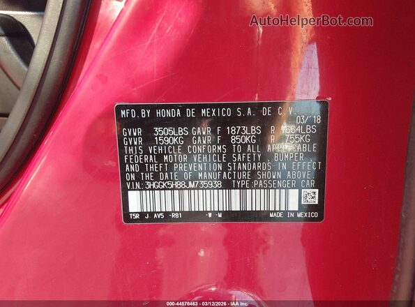 3HGGK5H88JM735938 2018 HONDA FIT Красный Вид подкапотного пространства