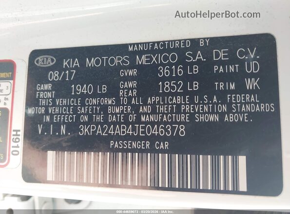 3KPA24AB4JE046378 2018 KIA RIO Белый Вид подкапотного пространства