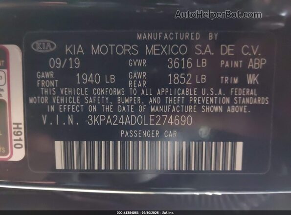 3KPA24AD0LE274690 2020 KIA RIO Black Vista del compartimento del motor