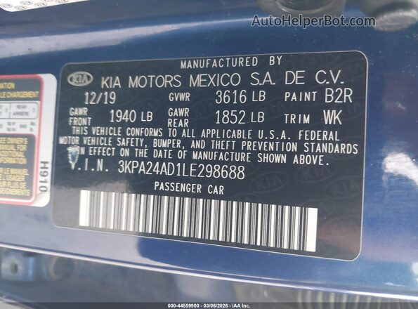 3KPA24AD1LE298688 2020 KIA RIO Синий Вид подкапотного пространства