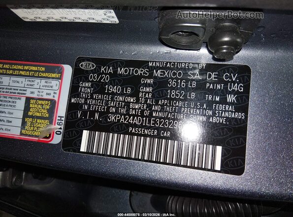 3KPA24AD1LE323296 2020 KIA RIO Gray Widok komory silnika