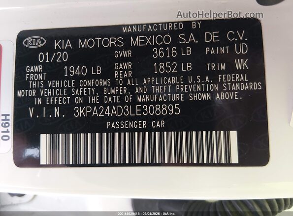 3KPA24AD3LE308895 2020 KIA RIO Белый Вид подкапотного пространства