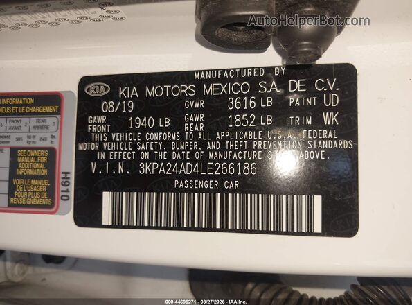 3KPA24AD4LE266186 2020 KIA RIO Белый Вид подкапотного пространства