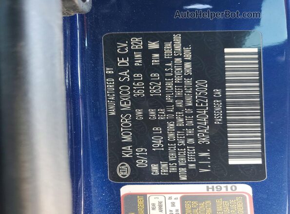 3KPA24AD4LE275020 2020 KIA RIO Blue Widok naklejki z numerem VIN