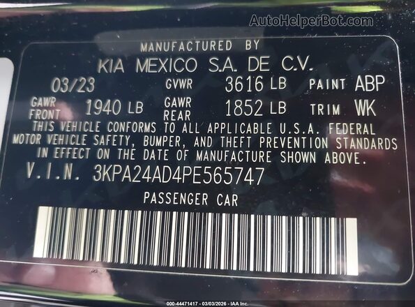 3KPA24AD4PE565747 2023 KIA RIO Черный Вид подкапотного пространства