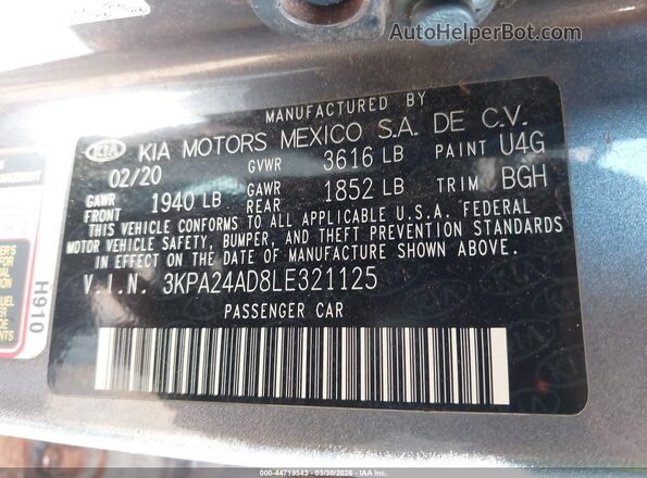 3KPA24AD8LE321125 2020 KIA RIO Серый Вид подкапотного пространства