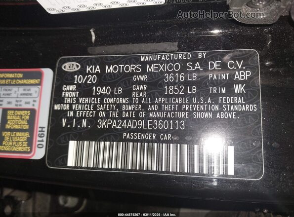 3KPA24AD9LE360113 2020 KIA RIO Черный Вид подкапотного пространства