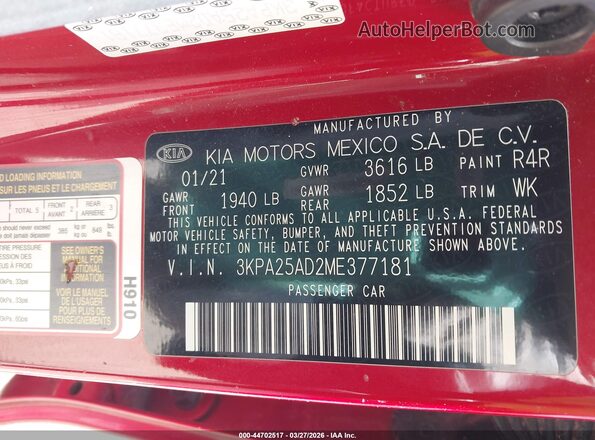 3KPA25AD2ME377181 2021 KIA RIO 5-DOOR Red Շարժիչի բաժամունքի տեսք