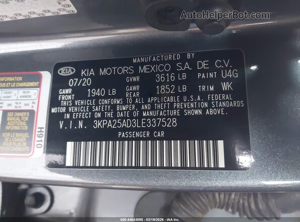 3KPA25AD3LE337528 2020 KIA RIO 5-DOOR Gray Vista del compartimento del motor