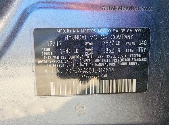 3KPC24A30JE014514 2018 HYUNDAI ACCENT Silver Widok komory silnika
