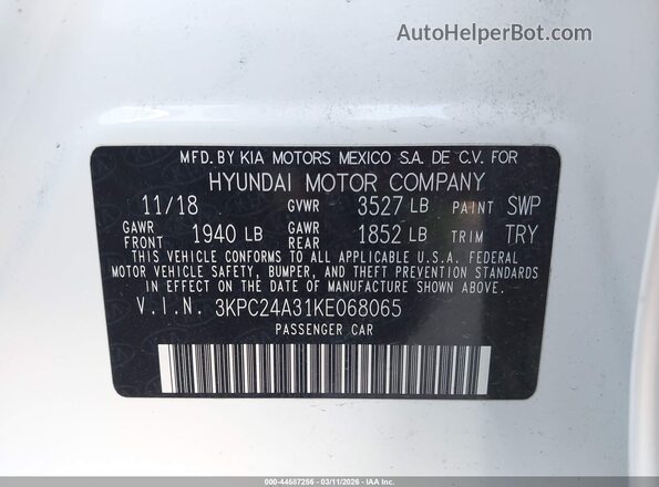 3KPC24A31KE068065 2019 HYUNDAI ACCENT Белый Вид подкапотного пространства