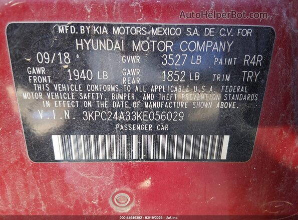 3KPC24A33KE056029 2019 HYUNDAI ACCENT Красный Вид подкапотного пространства