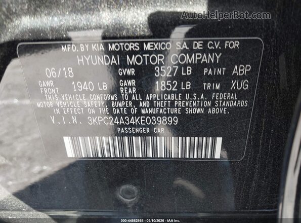 3KPC24A34KE039899 2019 HYUNDAI ACCENT Black ძრავის განყოფილების ხედი