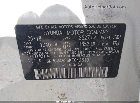 3KPC24A36KE042819 2019 HYUNDAI ACCENT Белый Вид подкапотного пространства