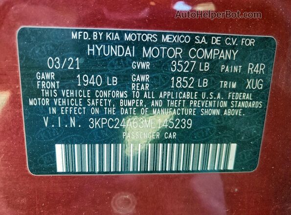 3KPC24A63ME145239 2021 HYUNDAI ACCENT Красный Вид подкапотного пространства