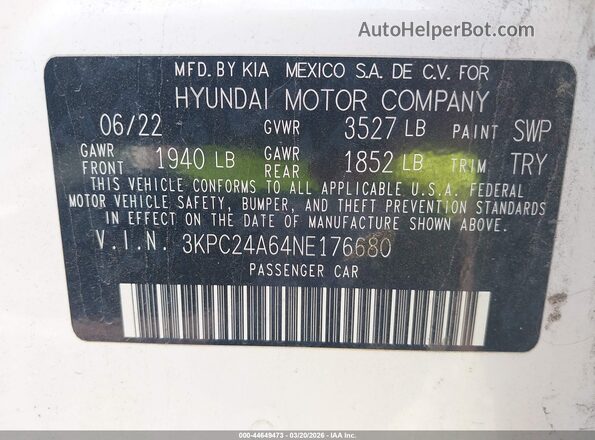 3KPC24A64NE176680 2022 HYUNDAI ACCENT Белый Вид подкапотного пространства