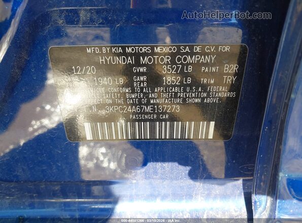 3KPC24A67ME137273 2021 HYUNDAI ACCENT Синий Вид подкапотного пространства