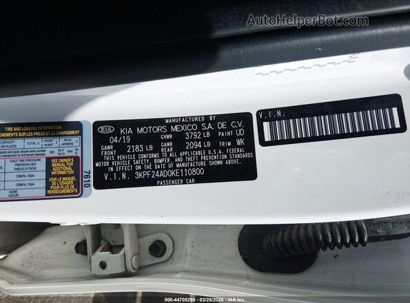 3KPF24AD0KE110800 2019 KIA FORTE Белый Вид подкапотного пространства