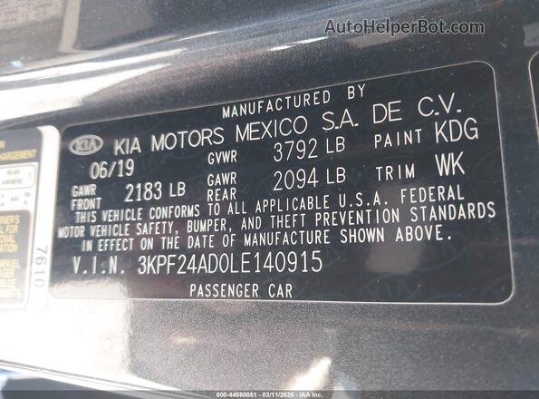 3KPF24AD0LE140915 2020 KIA FORTE Серый Вид подкапотного пространства