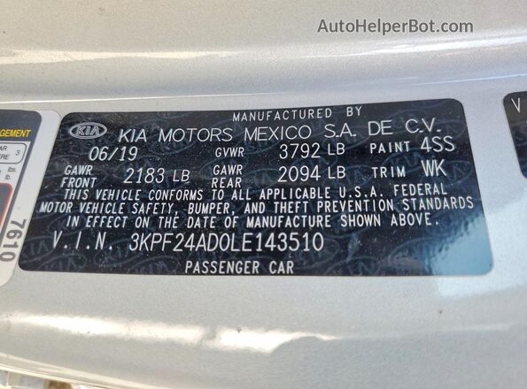 3KPF24AD0LE143510 2020 KIA FORTE Серебряный Вид наклейки с VIN-кодом