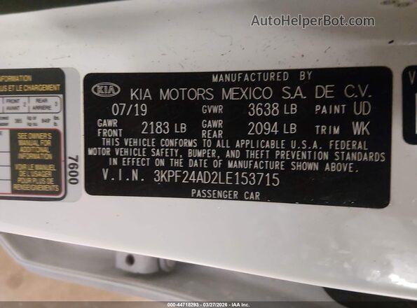 3KPF24AD2LE153715 2020 KIA FORTE Белый Вид подкапотного пространства