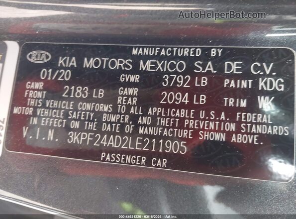 3KPF24AD2LE211905 2020 KIA FORTE Black Engine compartment view