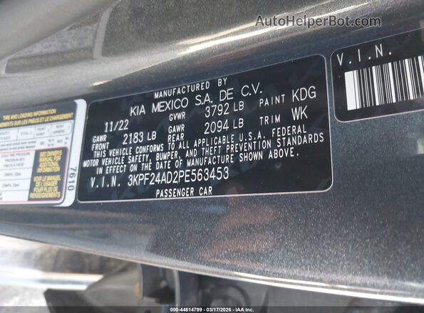 3KPF24AD2PE563453 2023 KIA FORTE Gray Vista de la etiqueta del VIN