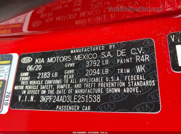 3KPF24AD3LE251538 2020 KIA FORTE Красный Вид подкапотного пространства
