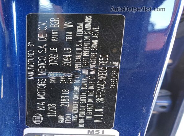 3KPF24AD4KE057650 2019 KIA FORTE Синий Вид подкапотного пространства