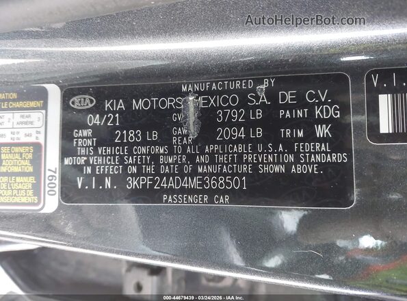 3KPF24AD4ME368501 2021 KIA FORTE Серебряный Вид подкапотного пространства