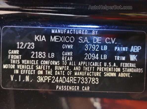 3KPF24AD4RE733783 2024 KIA FORTE Черный Вид наклейки с VIN-кодом