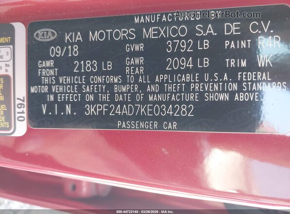 3KPF24AD7KE034282 2019 KIA FORTE Red Widok komory silnika