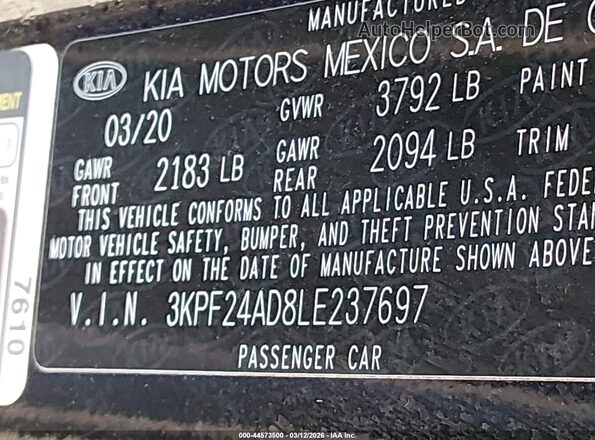 3KPF24AD8LE237697 2020 KIA FORTE Черный Вид подкапотного пространства