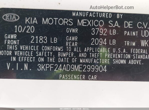 3KPF24AD9ME299904 2021 KIA FORTE Белый Вид подкапотного пространства