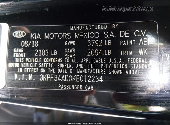 3KPF34AD0KE012234 2019 KIA FORTE Черный Вид подкапотного пространства