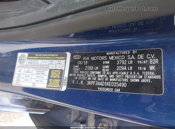3KPF34AD1KE035490 2019 KIA FORTE Синий Вид подкапотного пространства