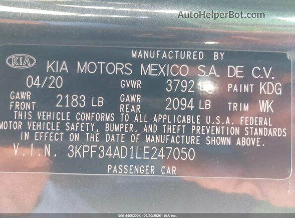 3KPF34AD1LE247050 2020 KIA FORTE Коричневый Вид подкапотного пространства