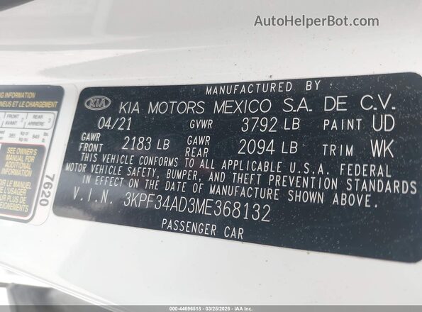3KPF34AD3ME368132 2021 KIA FORTE White Вид підкапотного простору