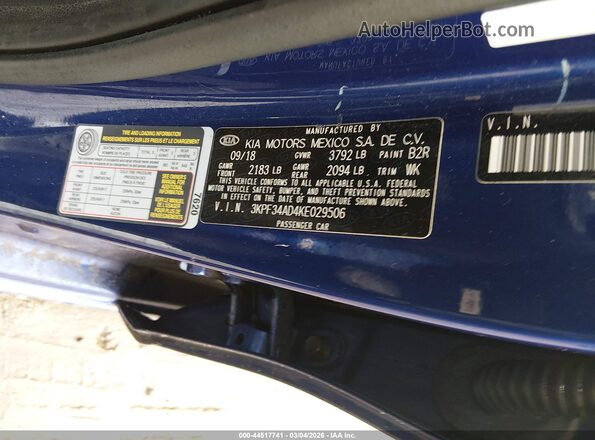 3KPF34AD4KE029506 2019 KIA FORTE Синий Вид подкапотного пространства