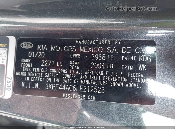 3KPF44AC6LE212525 2020 KIA FORTE Gray Շարժիչի բաժամունքի տեսք