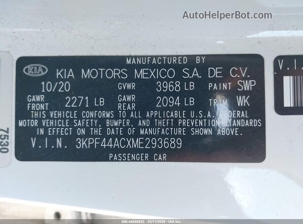 3KPF44ACXME293689 2021 KIA FORTE Белый Вид подкапотного пространства