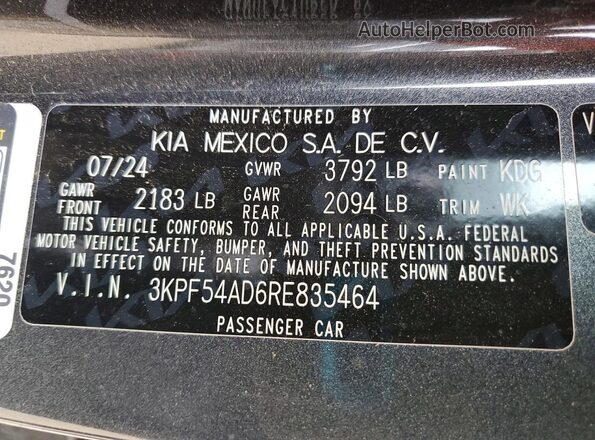 3KPF54AD6RE835464 2024 KIA FORTE Серый Вид наклейки с VIN-кодом