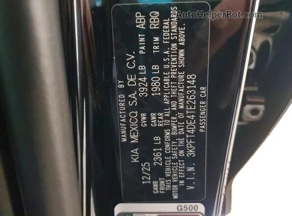 3KPFT4DE4TE263148 2026 KIA K4 Черный Вид наклейки с VIN-кодом