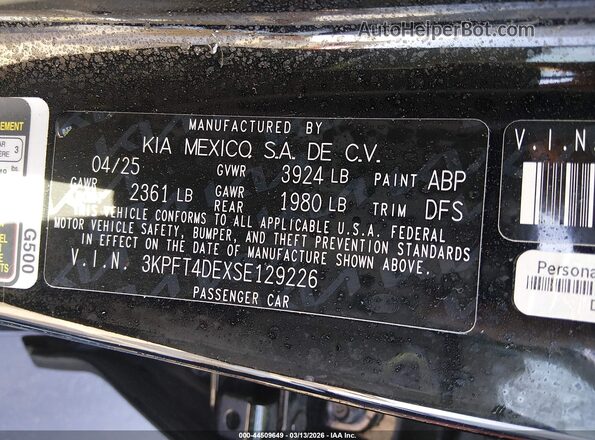 3KPFT4DEXSE129226 2025 KIA K4 Black Вид підкапотного простору