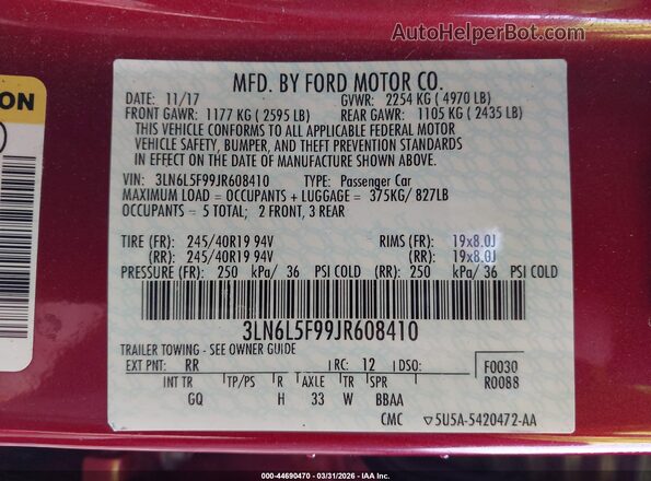 3LN6L5F99JR608410 2018 LINCOLN MKZ Красный Вид подкапотного пространства