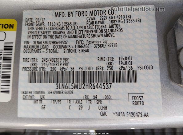 3LN6L5MU2HR644537 2017 LINCOLN MKZ HYBRID Серебряный Вид подкапотного пространства