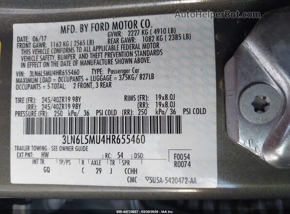 3LN6L5MU4HR655460 2017 LINCOLN MKZ HYBRID Gray Vista del compartimento del motor