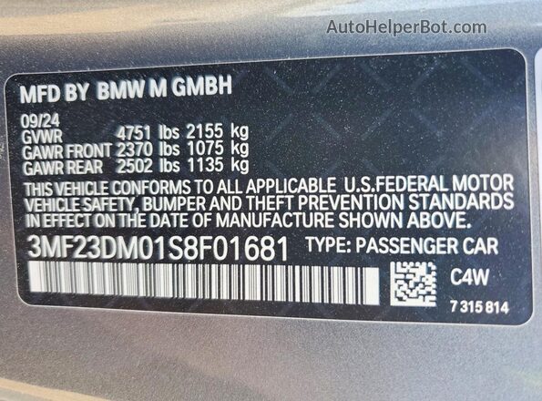 3MF23DM01S8F01681 2025 BMW M2 Gray VIN კოდის სტიკერის ხედი
