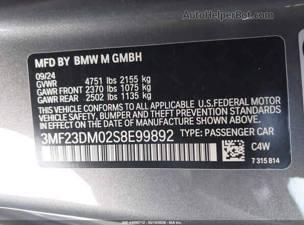 3MF23DM02S8E99892 2025 BMW M2 Black ძრავის განყოფილების ხედი