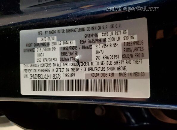 3MVDMBCLXLM118676 2020 MAZDA CX-30 Blue VIN კოდის სტიკერის ხედი